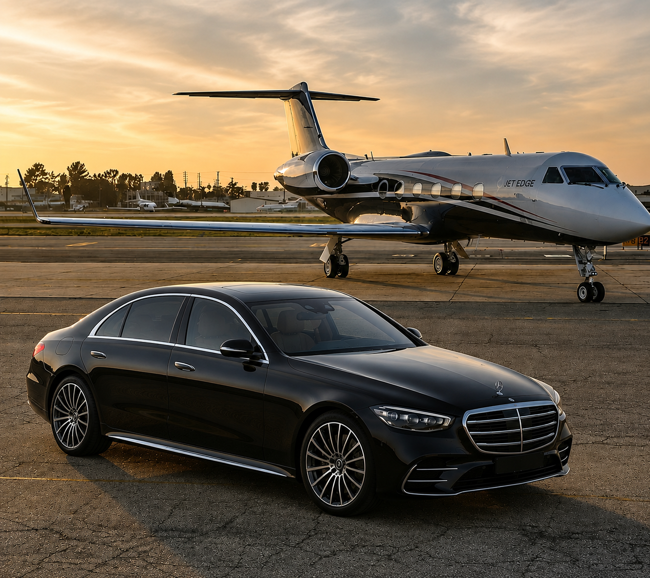 Mercedes Class S beside a private jet at sunset