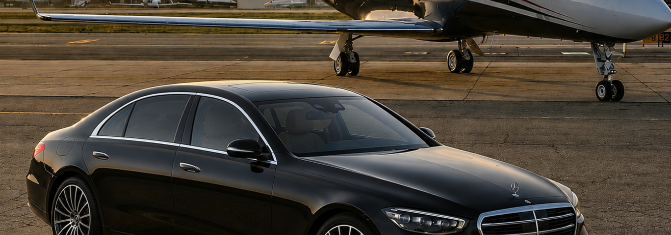 Elegance Limousine vehicle beside a private jet